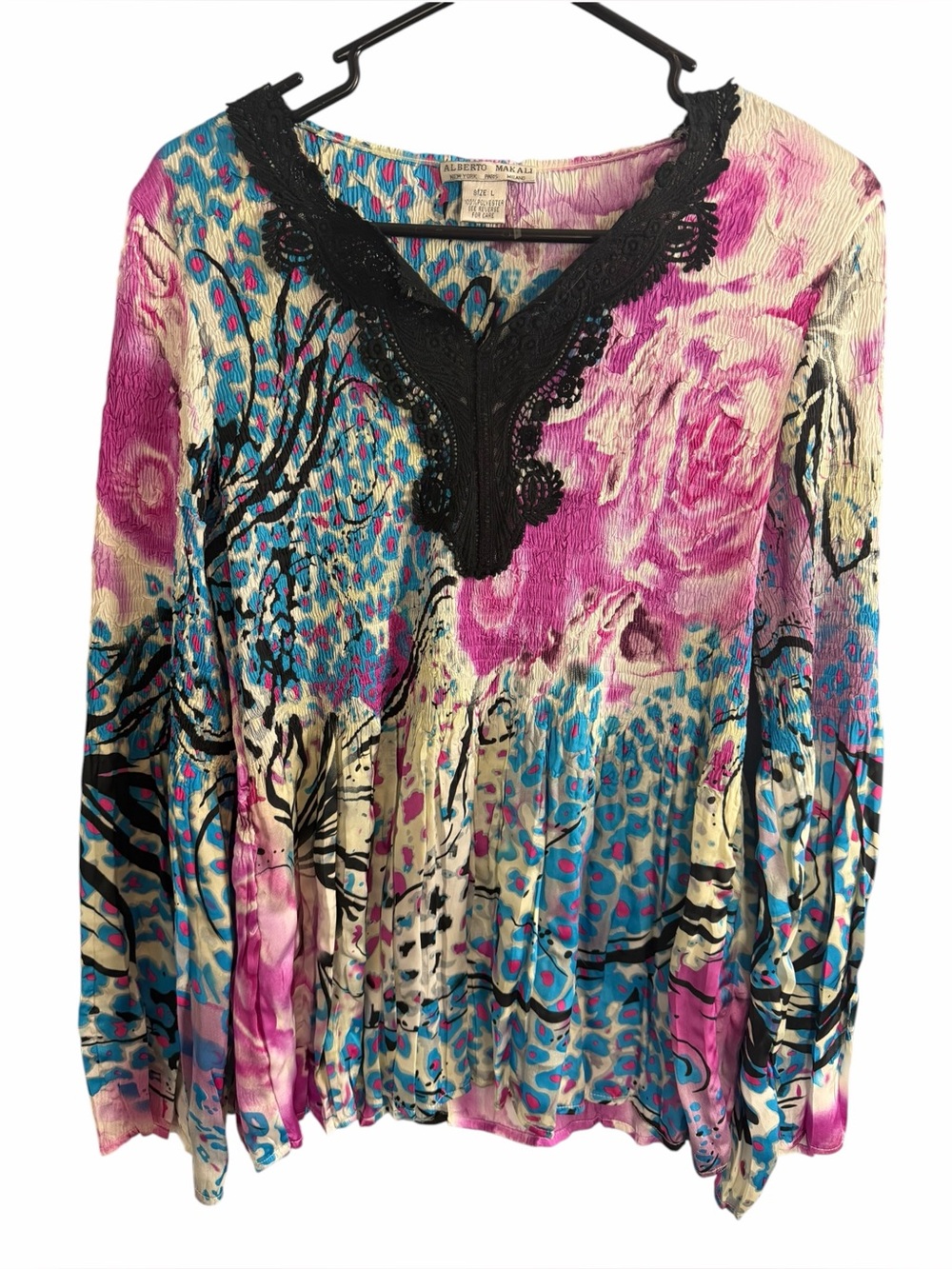 Alberto Makali Pink Blue Floral Lace Trim Tunic Long Sleeve Blouse